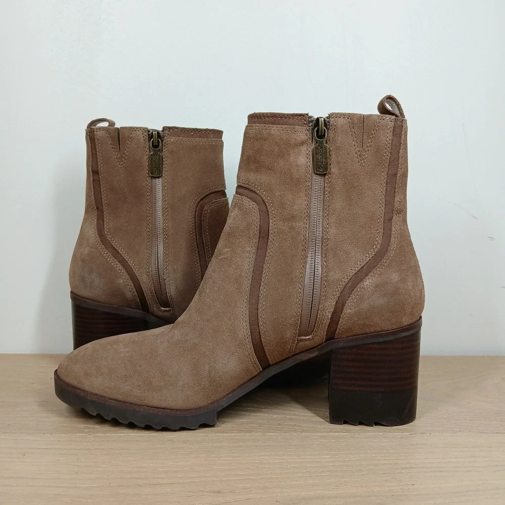 Blondo Raniah Waterproof Ankle Boots Womens 9.5 Taupe Suede Minimalist Office